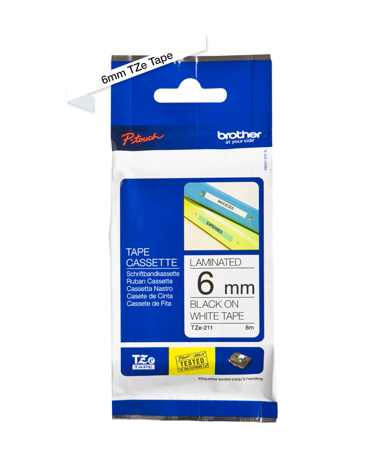 TZe-211 6mm Black on White Laminated Label - 2