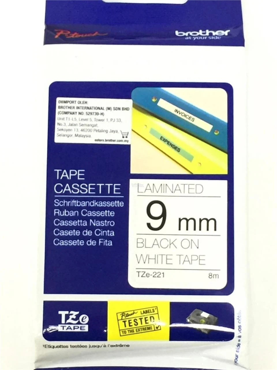 TZe-221 9mm Black on White Laminated Label - 2